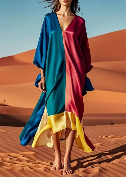 Original Design Colorblock Asymmetrical Patchwork Silk Vacation Dresses Fall