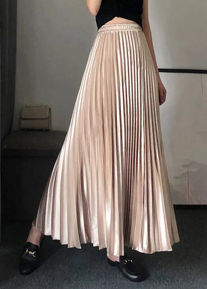 Modern Gold Elastic Waist Wrinkled Satin Maxi Skirt