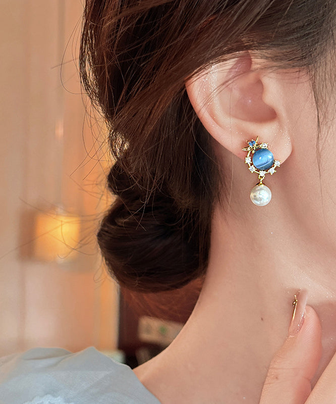 Vogue Blue Copper Overgild Zircon Pearl Cat's Eye Stone Drop Earrings