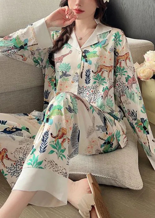 Loose Photo Color Peter Pan Collar Print Ice Silk Pajamastwo Pieces Set Spring