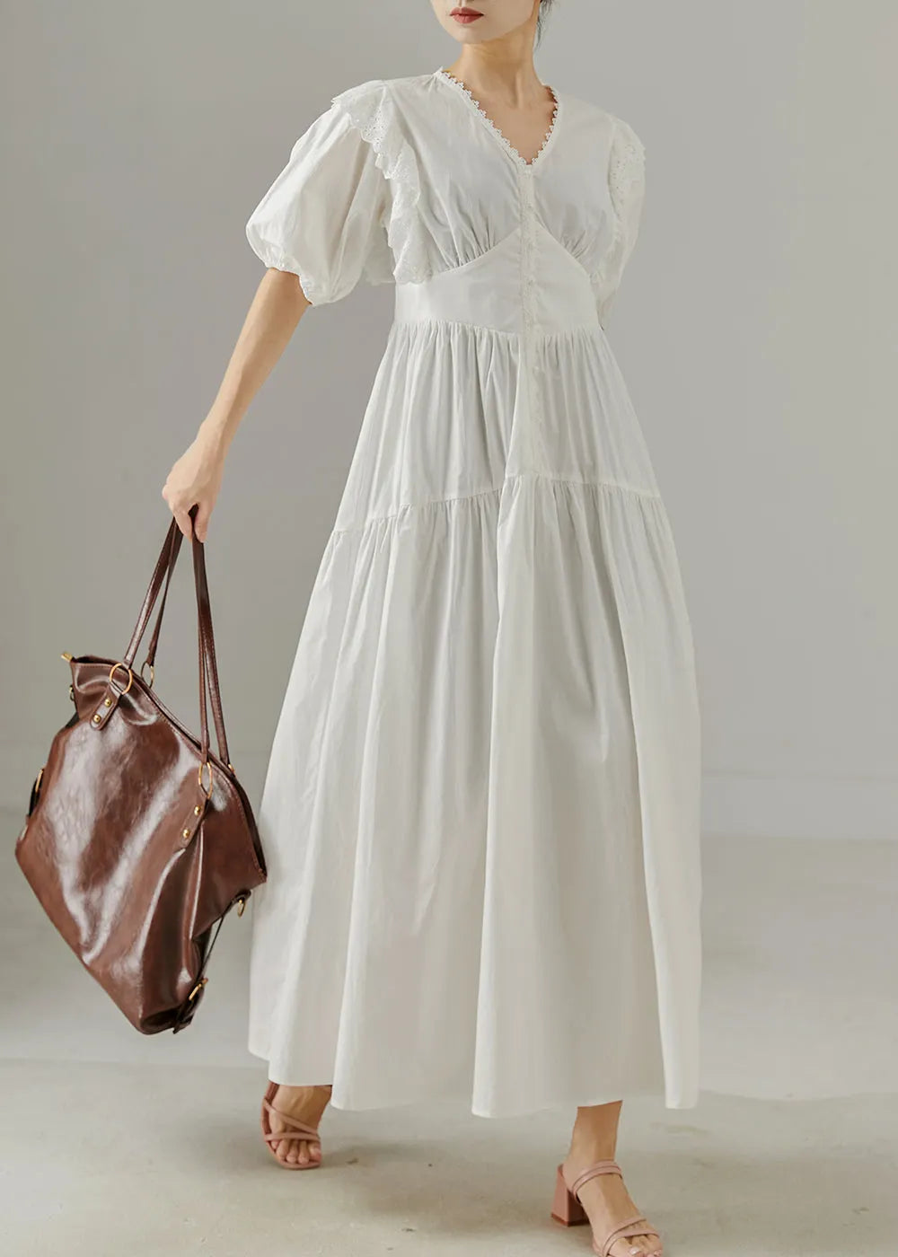 White V Neck Patchwork Cotton Party Dress Summer