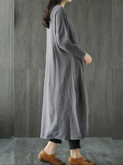 Gray Cotton Linen Dress O Neck Asymmetric Maxi Spring Dresses