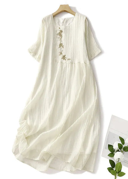White Embroidered Linen Long Dresses Summer