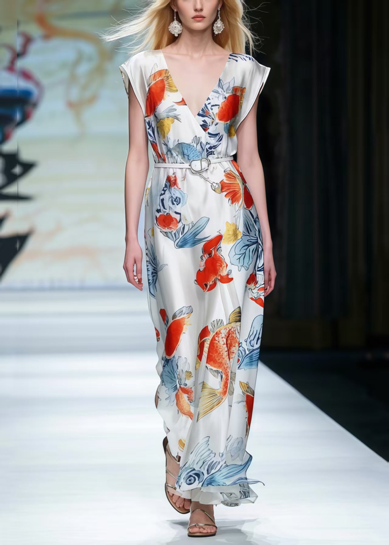 White V Neck Print Silk Tunic Dresses Summer