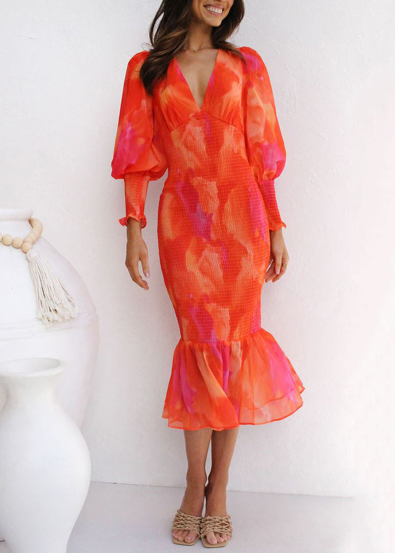 Red V Neck Lace Up Cotton Fishtail Dress Puff Sleeve