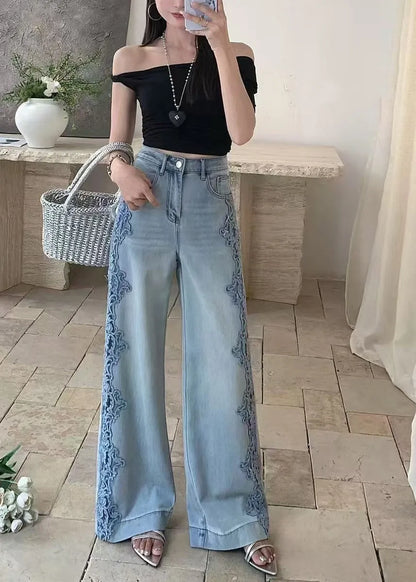 Blue Hollow Out Patchwork Lace Denim Straight Pants Fall