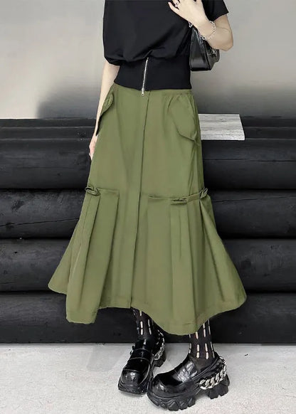 New Army Green Pockets High Waist Patchwork Cotton a Line Skirts Fall