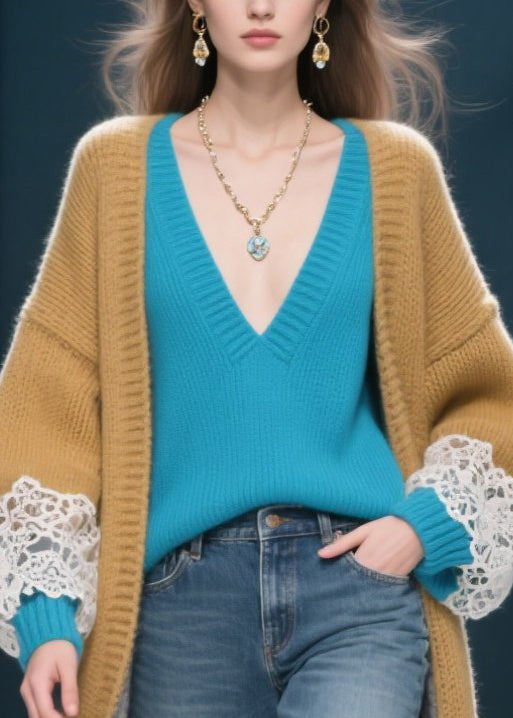 Diy Khaki Oversized Patchwork Lace Cardigan Winter