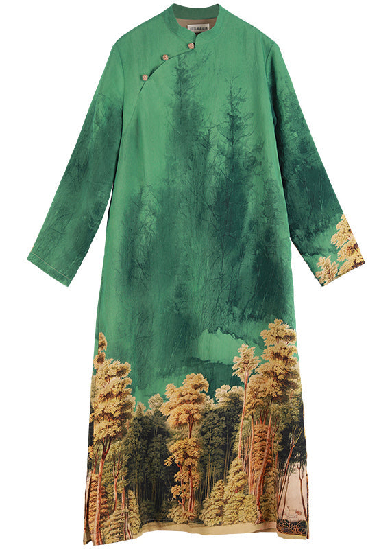 Green Stand Collar Side Open Print Dresses Long Sleeve