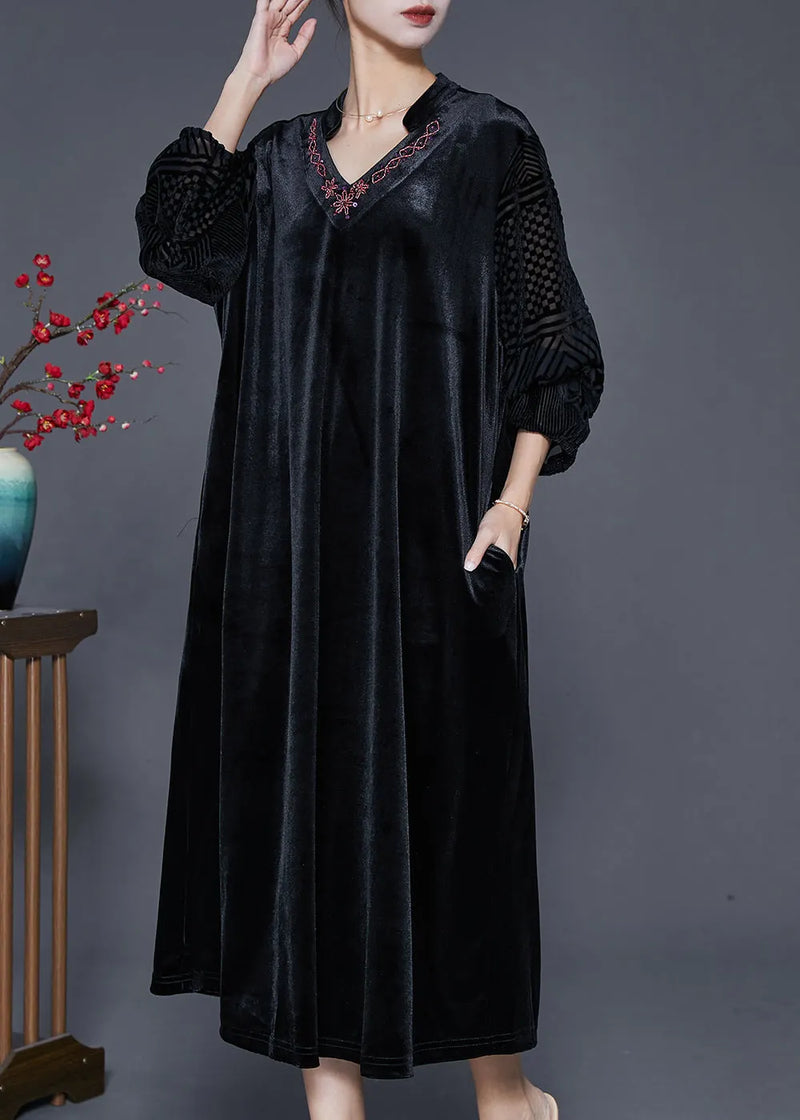 Black Loose Silk Velour Dress V Neck Embroideried Fall
