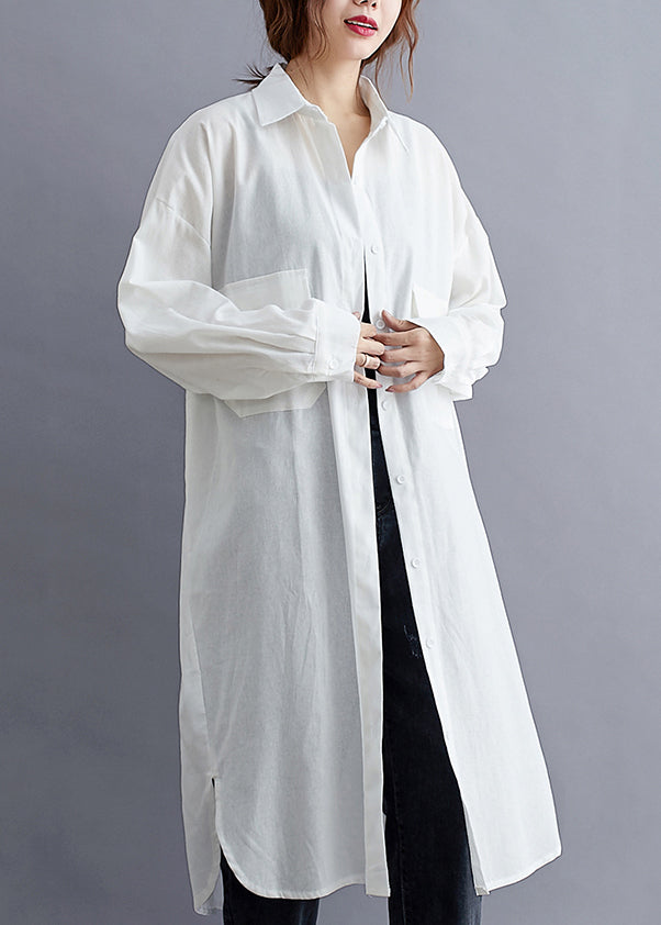 White Peter Pan Collar Button Patchwork Cotton Shirts Dress Fall