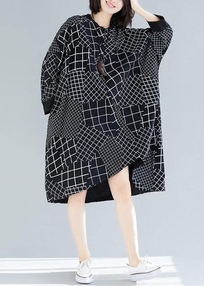 Vivid Black Plaid Quilting Dresses O Neck Asymmetric Robe Spring Dress