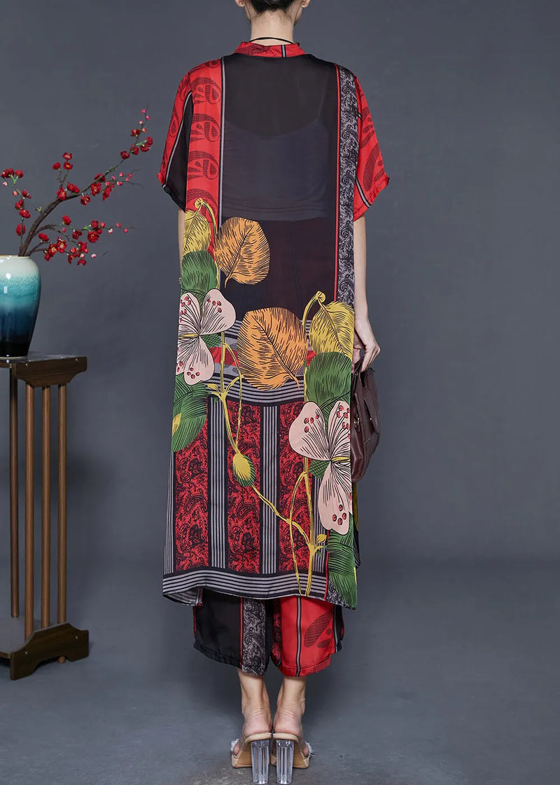 Boutique Red Oversized Print Silk Two-piece Set Summer