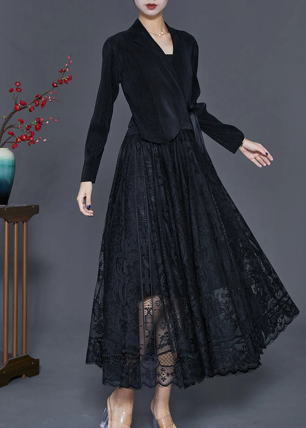 Unique Black Tie Waist Lace Patchwork Silk Velour Maxi Dresses Fall