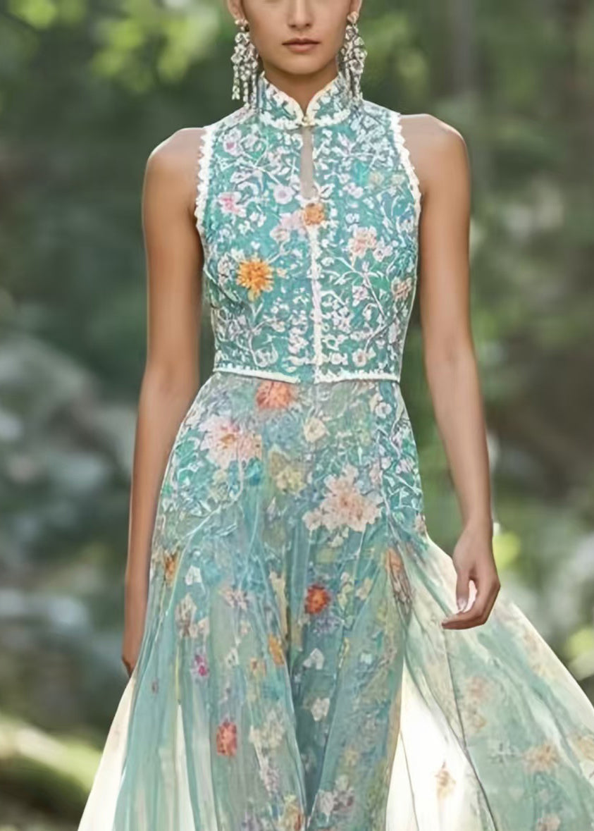 Style Green Mandarin Collar Chiffon Party Dress Sleeveless Summer