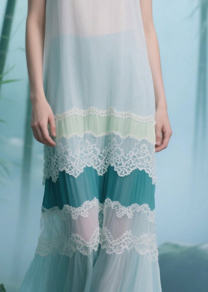 Natural White Patchwork Lace Tulle Long Dresses Sleeveless