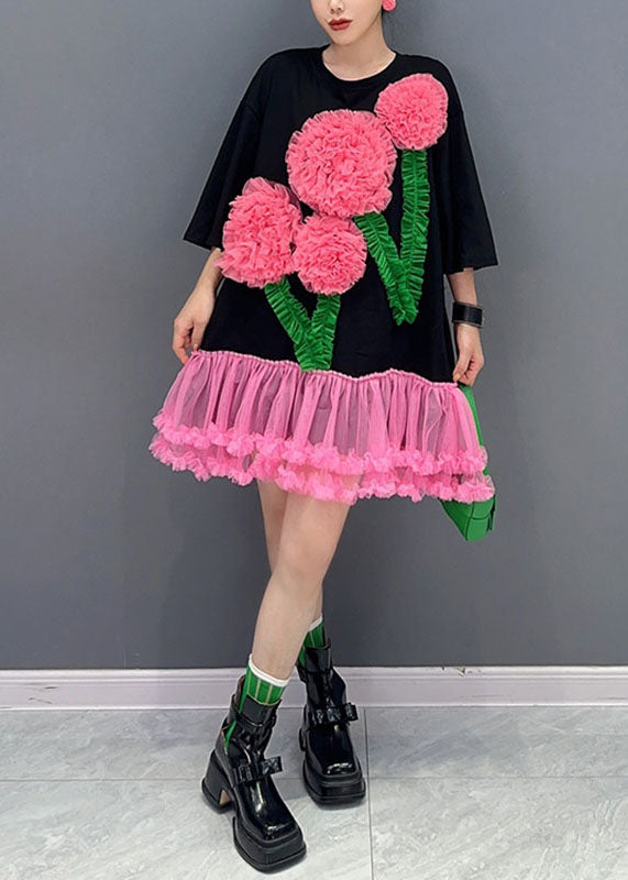 Italian Black O-neck Tulle Patchwork Mid T Shirts Dress Long Sleeve