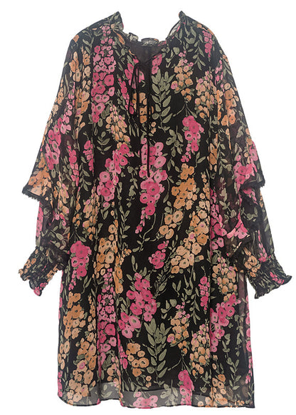 Loose Black O-neck Ruffled Print Chiffon Maxi Dress Spring