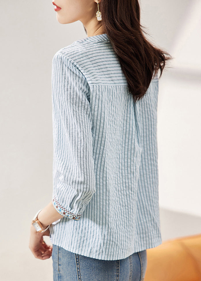 New Blue Embroidered Striped Cotton Blouses Bracelet Sleeve Fall