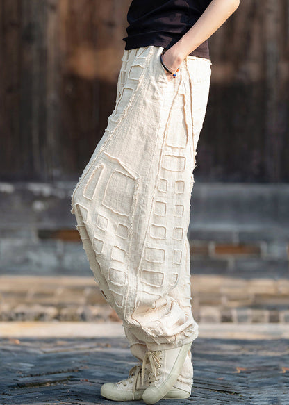 Beige Pockets Patchwork Linen Lantern Pants Spring