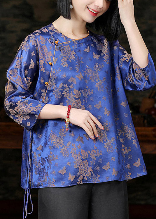 Jacquard Blue O-neck Button Tie Waist Silk Shirts Half Sleeve