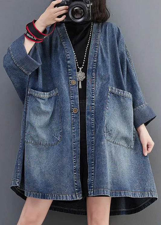Blue V Neck Pockets Denim Coats Fall