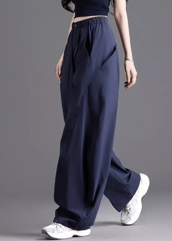 Brown Pockets Elastic Waist Cotton Pants Spring