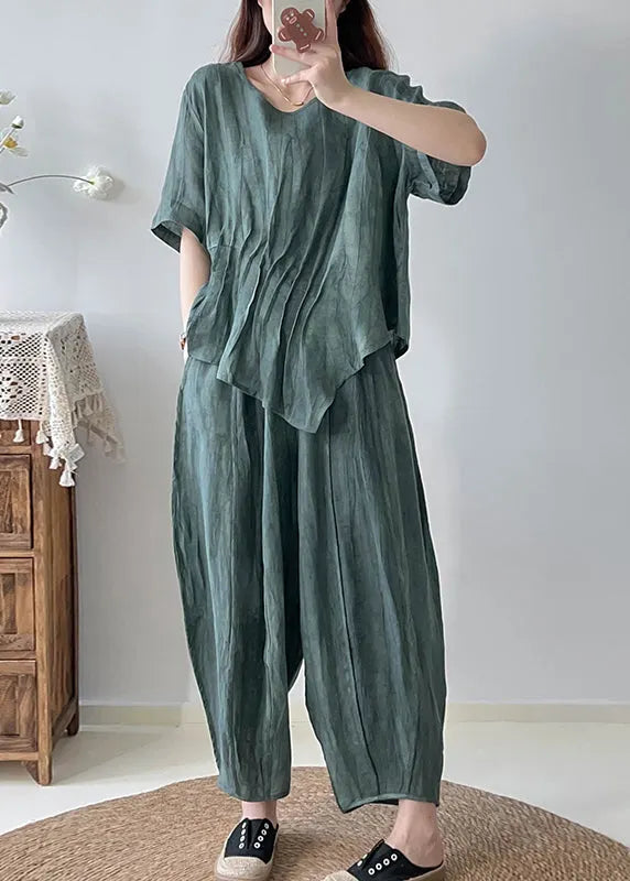 Unique Green Asymmetrical Wrinkled Tie Dye Linen Sets 2 Pieces Fall