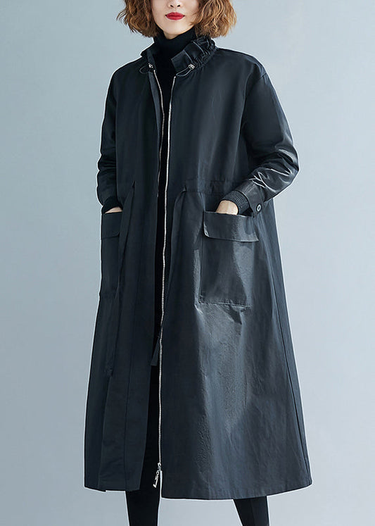 Black Ruffled Pockets Patchwork Cotton Trench Coats Fall