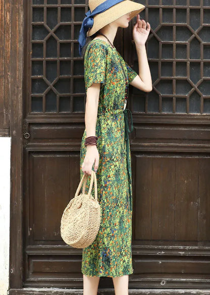 Green Square Collar Tie Waist Patchwork Fake Two Piece Dresses Short Sleeve
