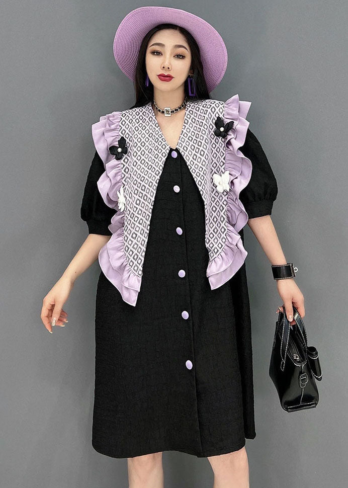 Stylish Black Peter Pan Collar Patchwork Ruffled Cotton Dresses Short Sleeve