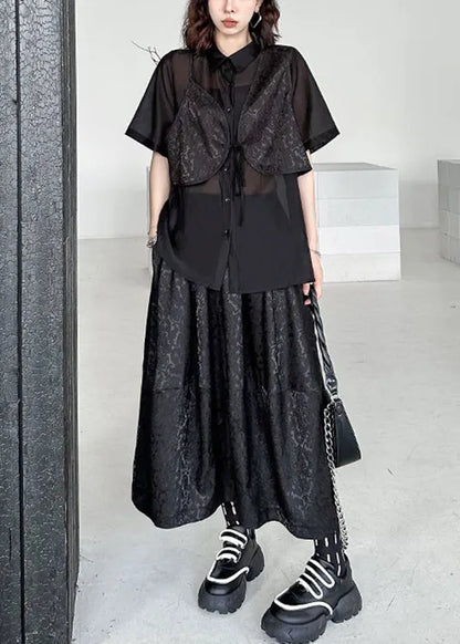 Black Jacquard Lace Up Patchwork Silk Cotton Two Piece Set Summer