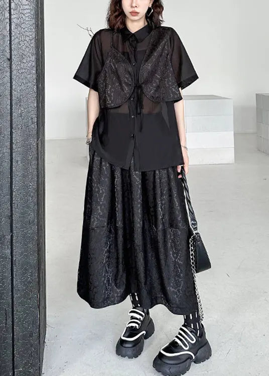 Black Jacquard Lace Up Patchwork Silk Cotton Two Piece Set Summer