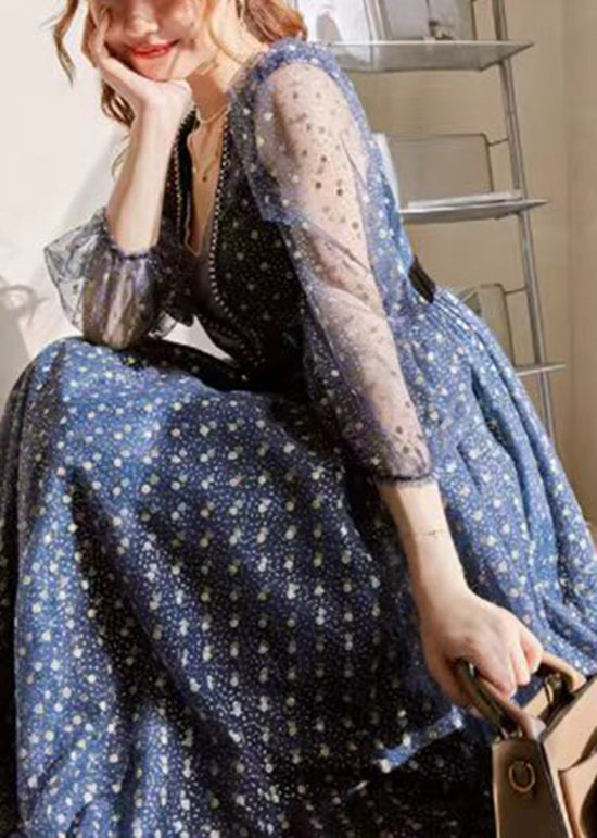 Blue V Neck Print Wrinkled Tulle Dress Long Sleeve