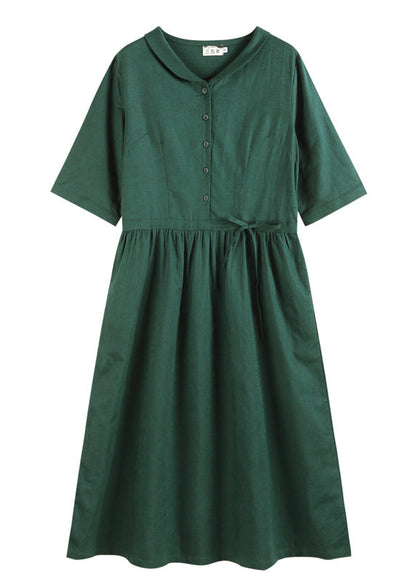 Green Drawstring Peter Pan Collar Linen Long Dress Half Sleeve