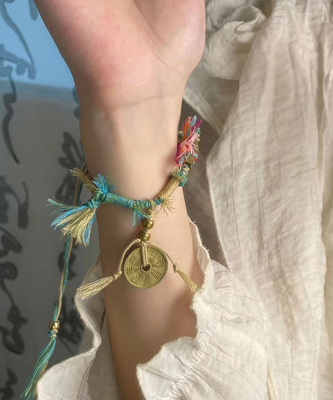 Diy Blue Hand Knitting Kitty Cat Copper Cash Charm Bracelet