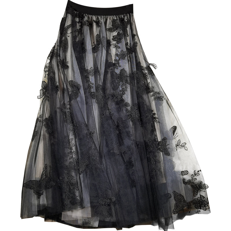 Black Embroideried Butterfly Tulle High Waist Summer Skirts