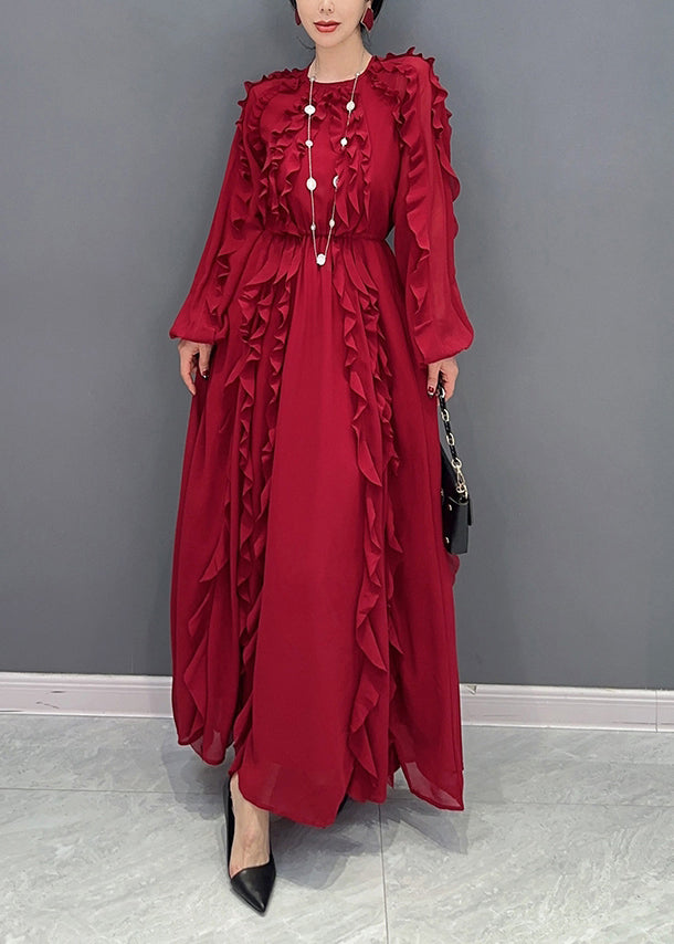 Red Slim Fit Chiffon Long Dresses O-neck Ruffles Spring