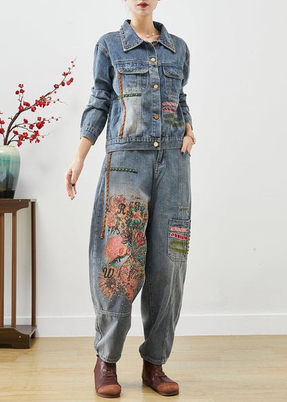 Art Blue Embroideried Print Rivet Denim Two Pieces Set Fall