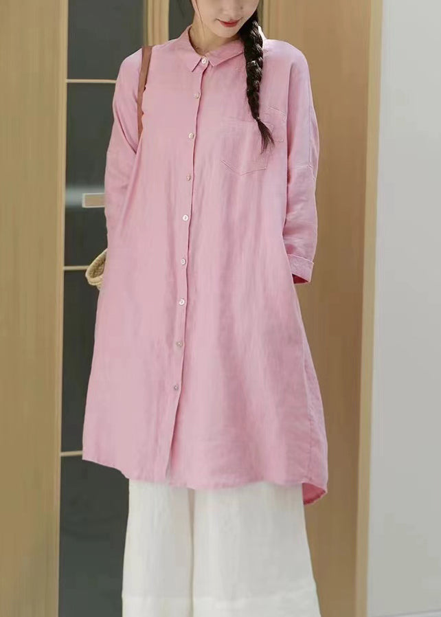 Loose Pink Peter Pan Collar Mid Cotton Shirt Top Spring