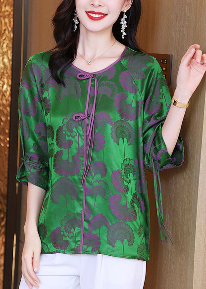 Green Oriental O-neck Ribbon Silk Tops Bracelet Sleeve