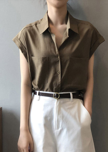 Coffee Button Loose Shirts Short Sleeve