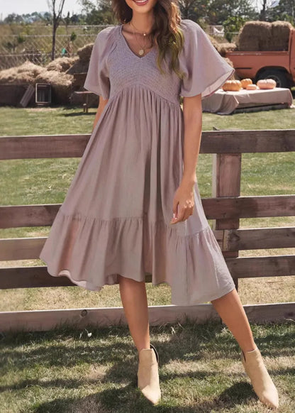 Simple Purple V Neck Wrinkled Cotton Dresses Summer