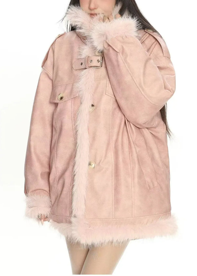 Pink Oversized Patchwork Warm Faux Leather Coat Winter