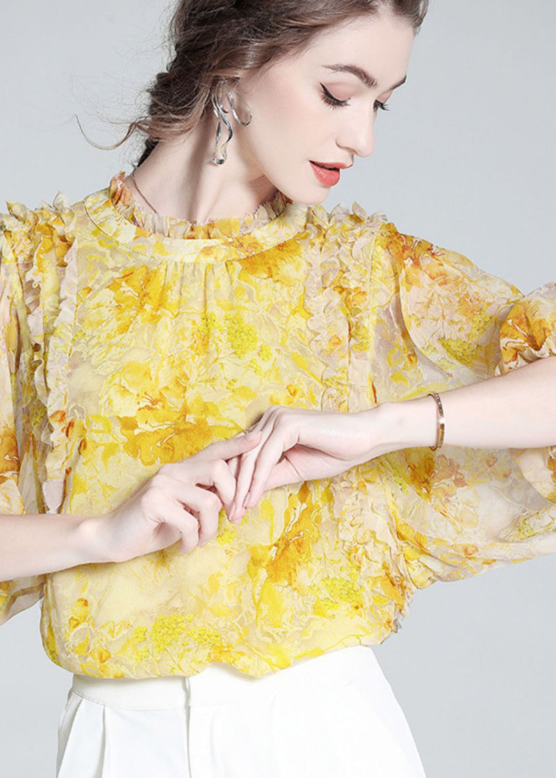 Yellow Ruffled Print Silk Blouse Tops Bracelet Sleeve