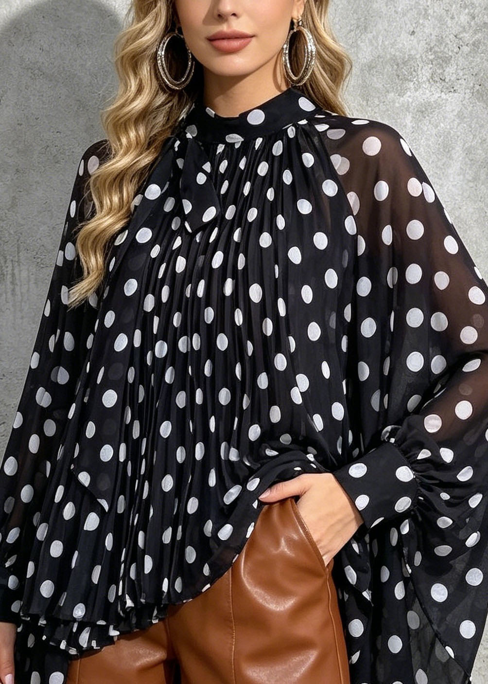 New Loose Black Dot Print Bow Chiffon Shirt Batwing Sleeve