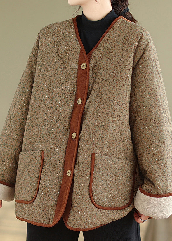 Coffee V Neck Pockets Print Warm Fleece Jackets Winter