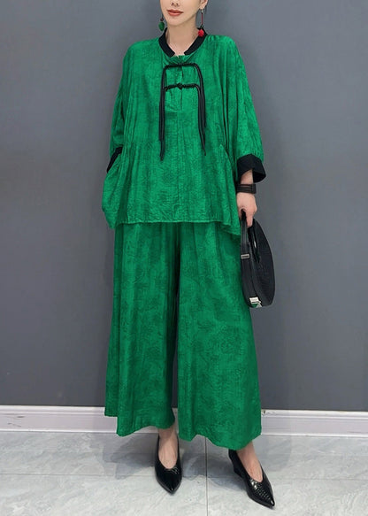 Chinese Style Green Stand Collar Shirts and Wide Leg Pants Two Piece Set Fall