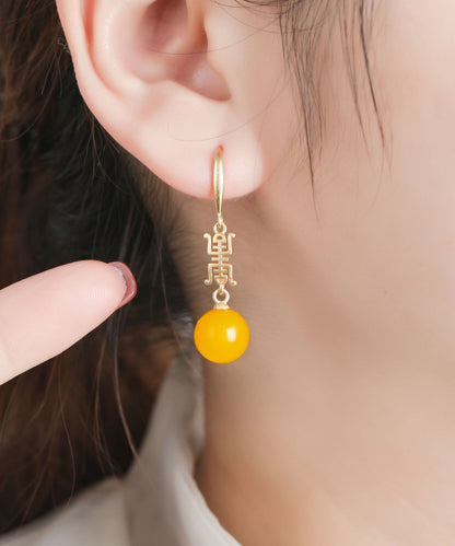 Yellow Sterling Silver Overgild Inlaid Spheroidal Beeswax Drop Earrings