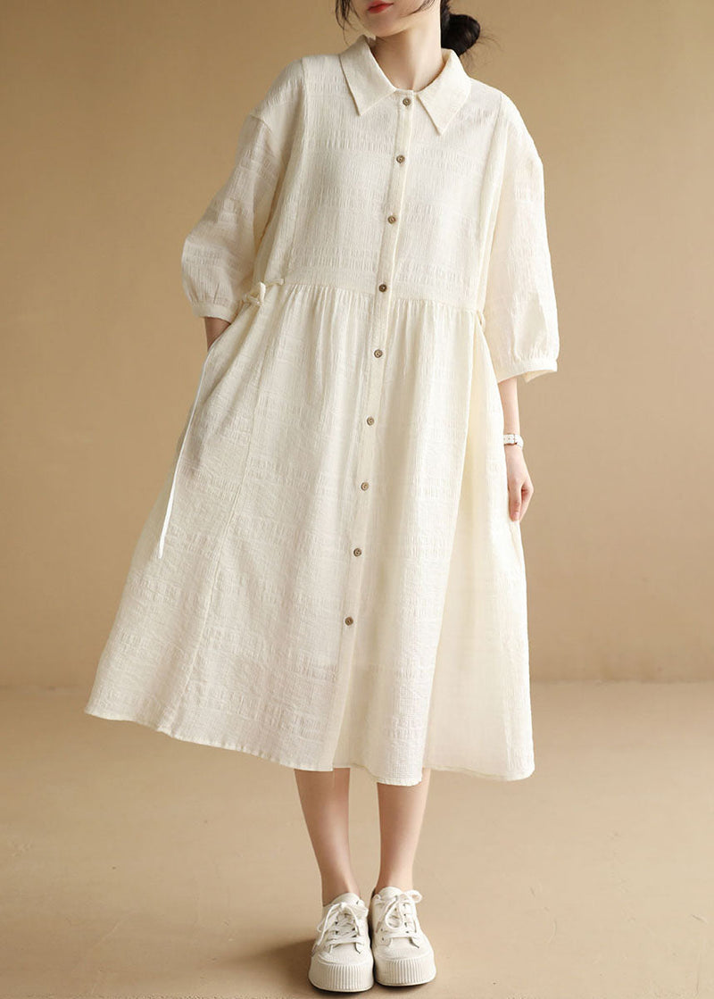 Beige Peter Pan Collar Wrinkled Drawstring Long Dresses Bracelet Sleeve